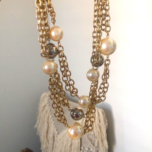 Vintage GIVENCHY Multi Strand Gold Tone Faux Pearl Statement Necklace - Picture 2 of 7